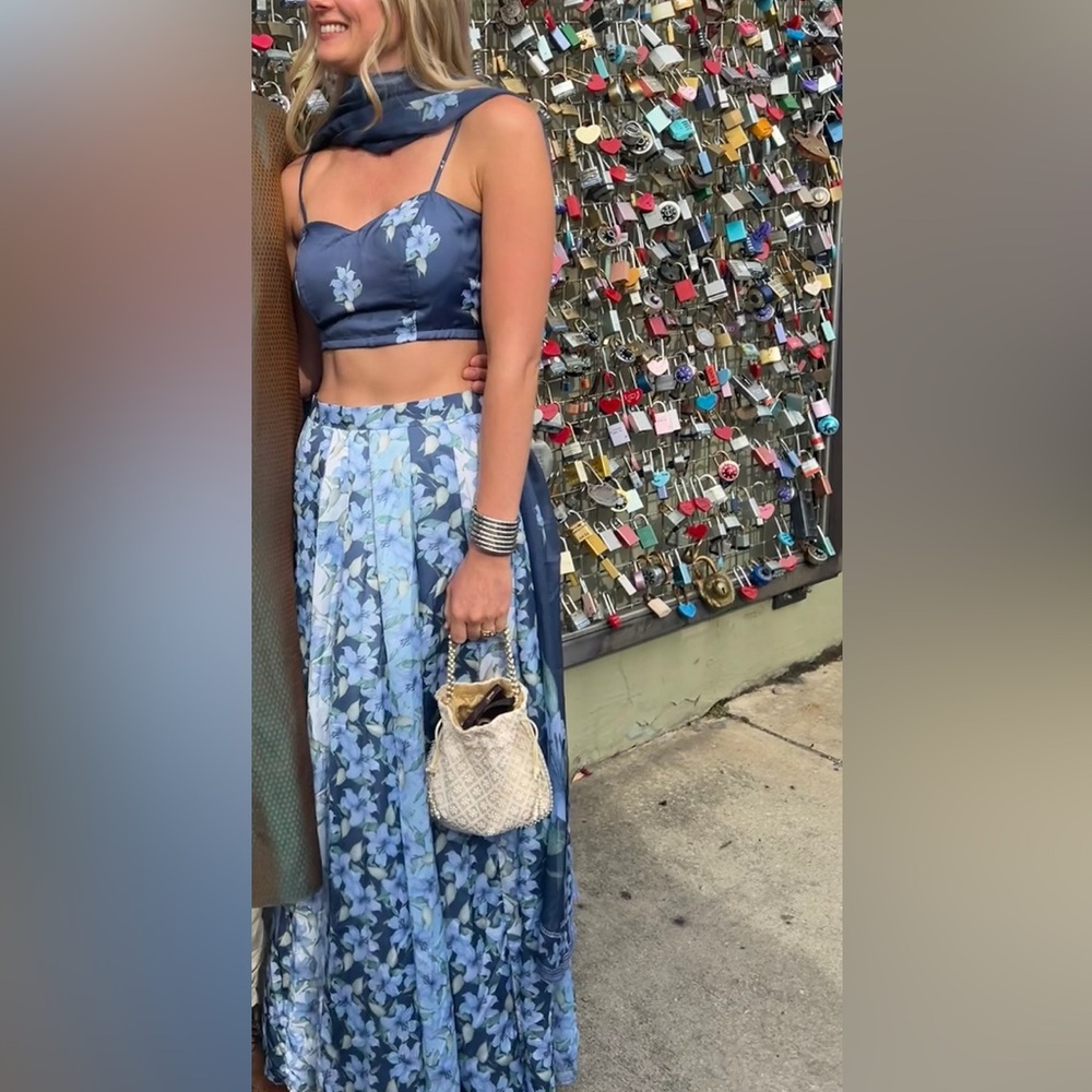 Blue Floral Two-Piece Skirt Set